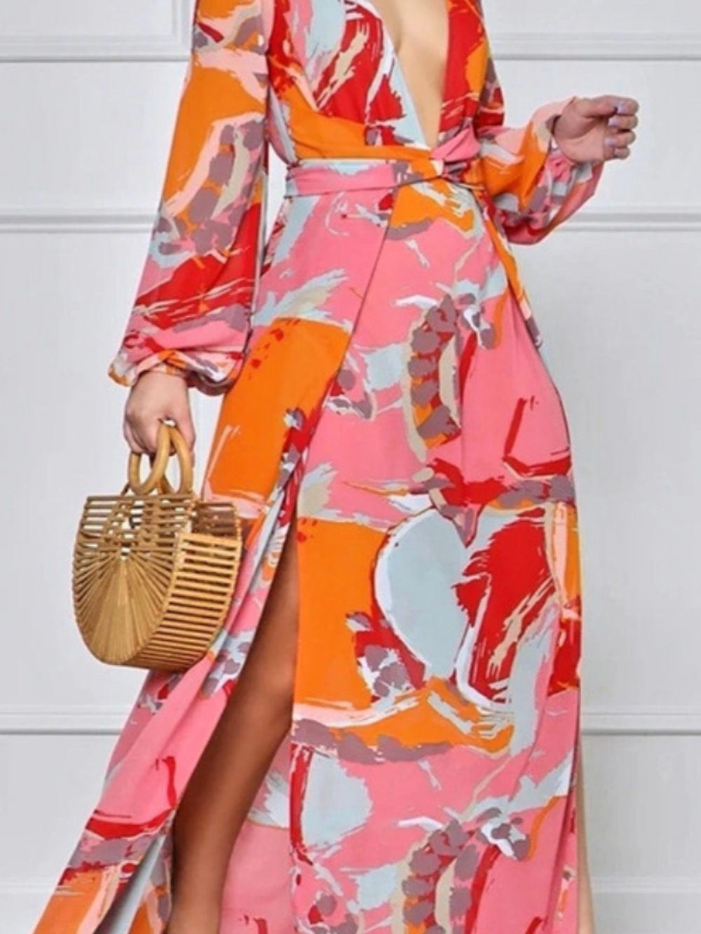 Luxxell Artist Block Maxi Abstract Print Dress in Pink & Orange